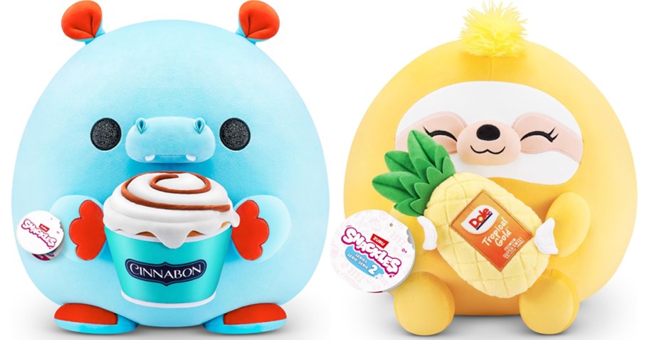 hippo holding cinnabon and sloth holding pineapple plushies