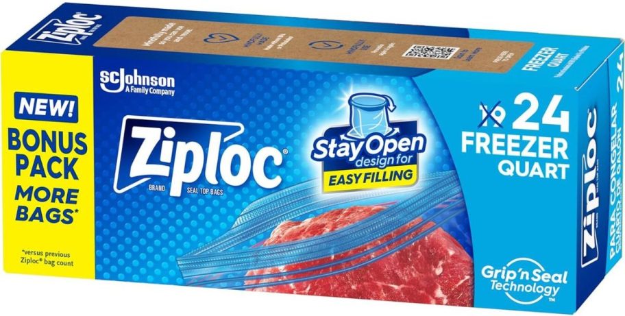 Stock image of a box of Ziploc Quart Food storage freezer bags