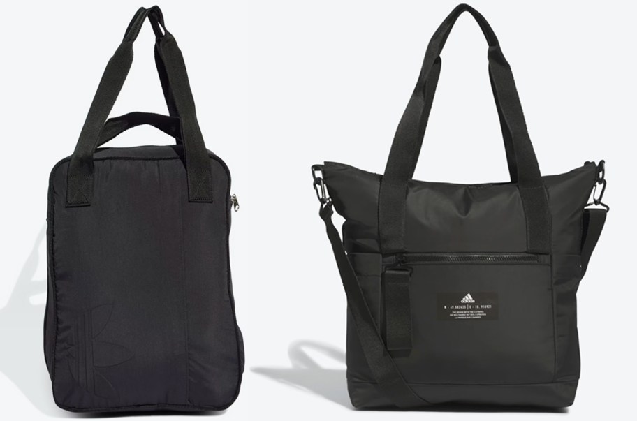 black backpack and black tote bag