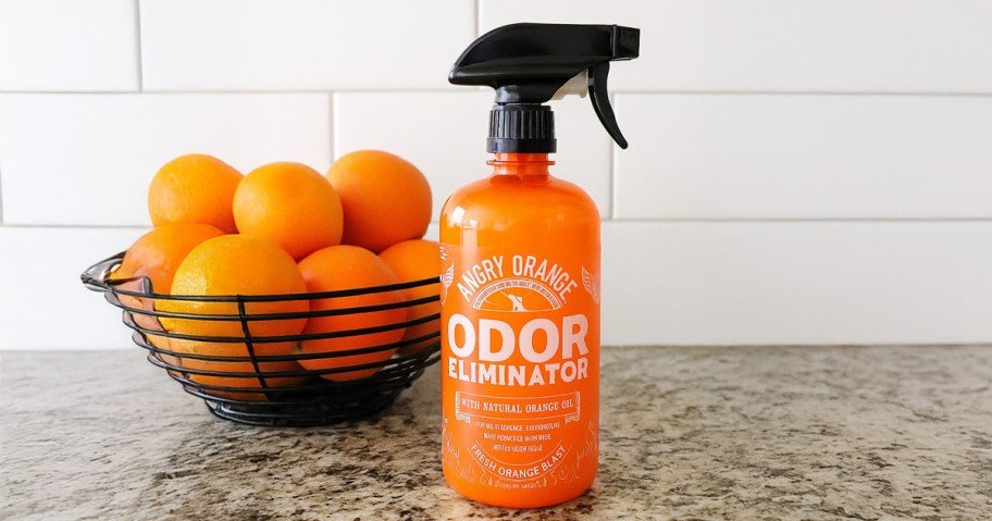 bottle of angry orange odor eliminator on counter by bowl of oranges