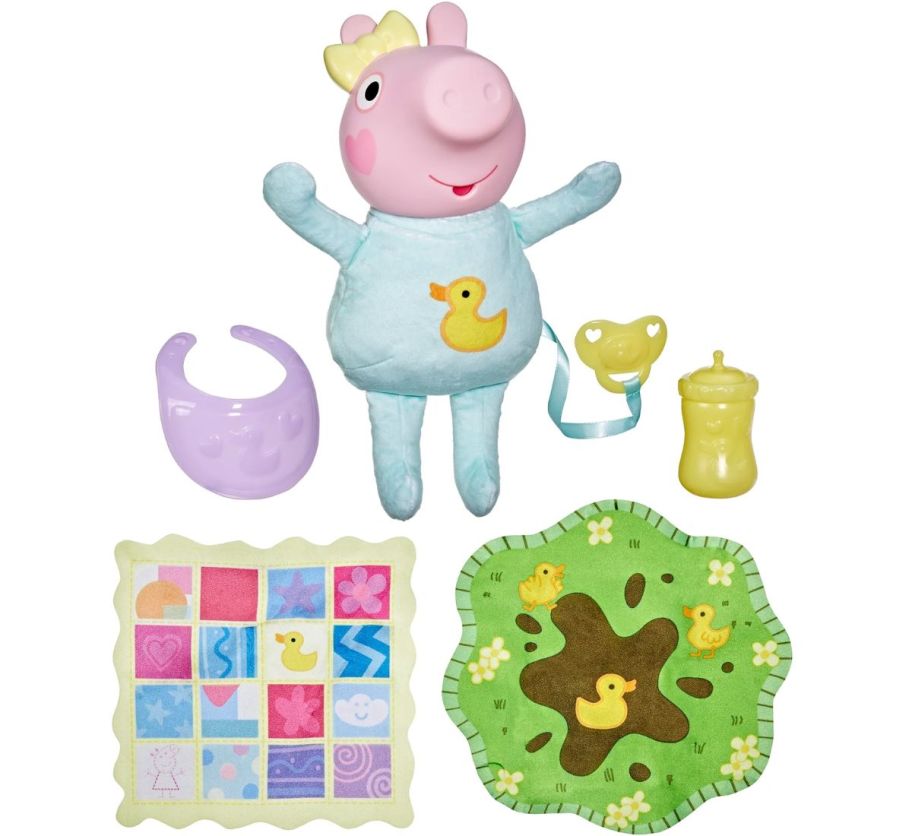 baby evie pig with bottle, pacifier, and blanket and play mat