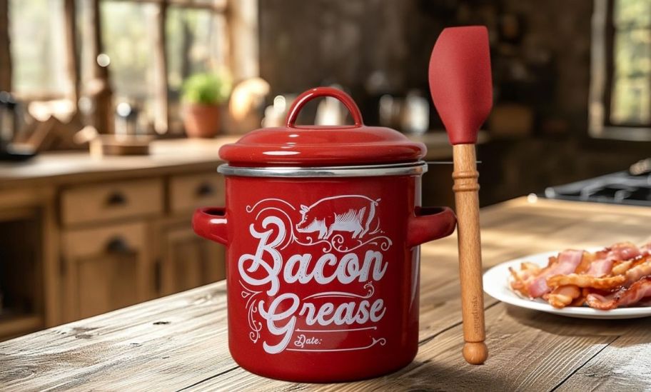 a red enamel farmhouse style bacon grease strainer