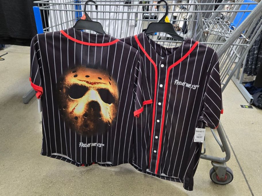 Friday the 13th Men's Graphic Baseball Jerseys hanging on cart in store
