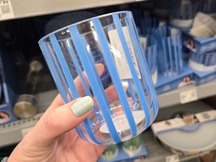 blue striped Mainstays by Becky G. & Alejandra Short Acrylic Tumbler in hand in store