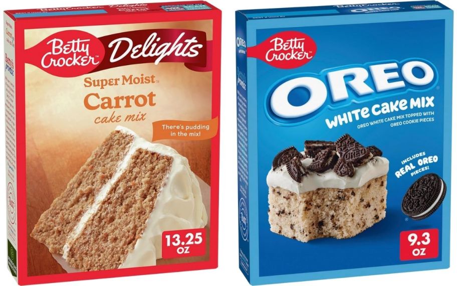 a box of carrot cake mix and a box of oreo cake mix