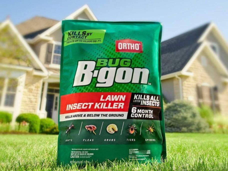 Ortho Bug B-gon Lawn Insect Killer 10lbs bag on lawn in front of house