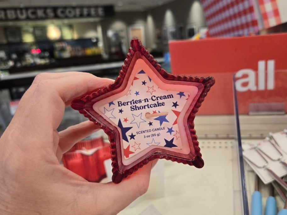 Berries-n-Cream Shortcake Star Candle in hand in store