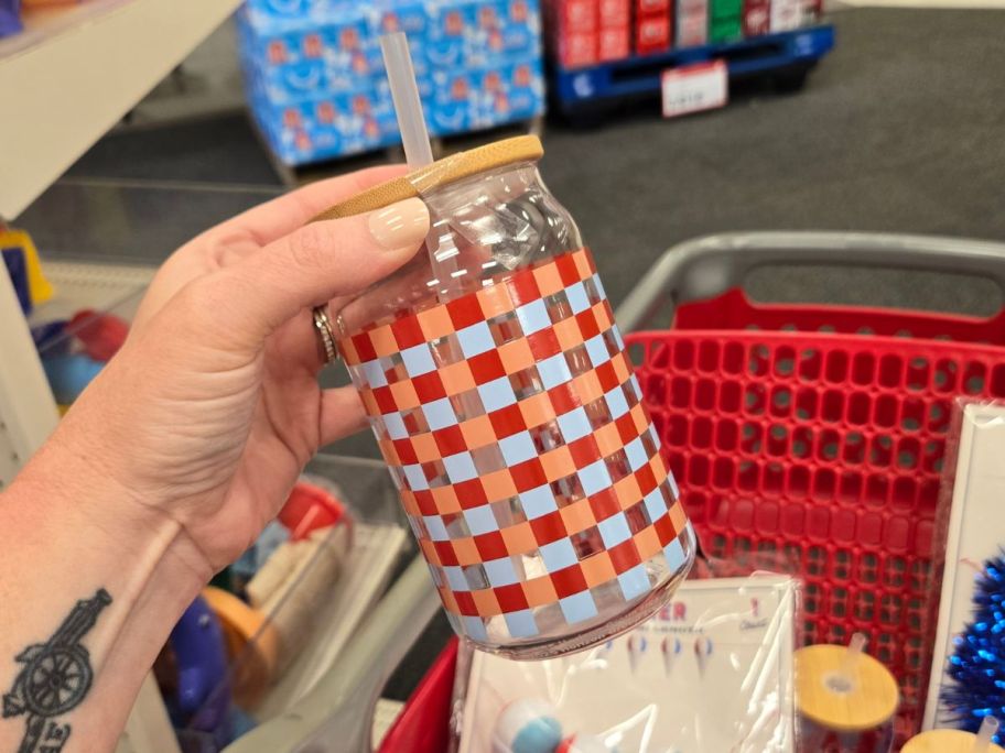 Plaid Novelty Glass in hand in store