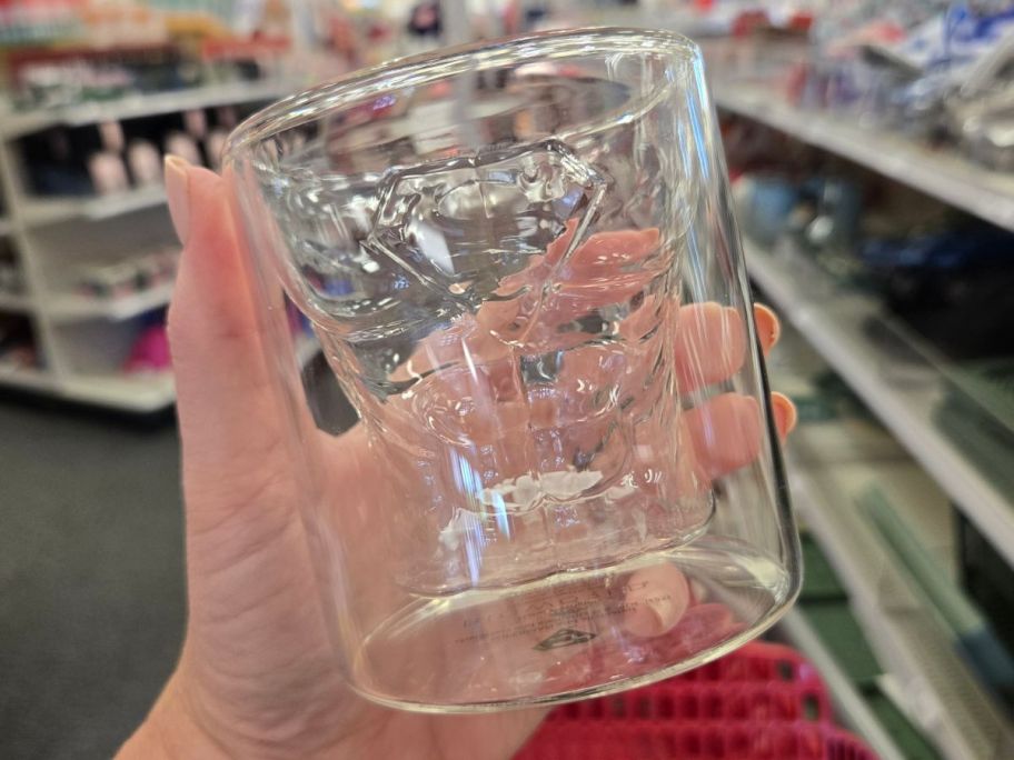 Sculpted Superman Glassware in hand in store