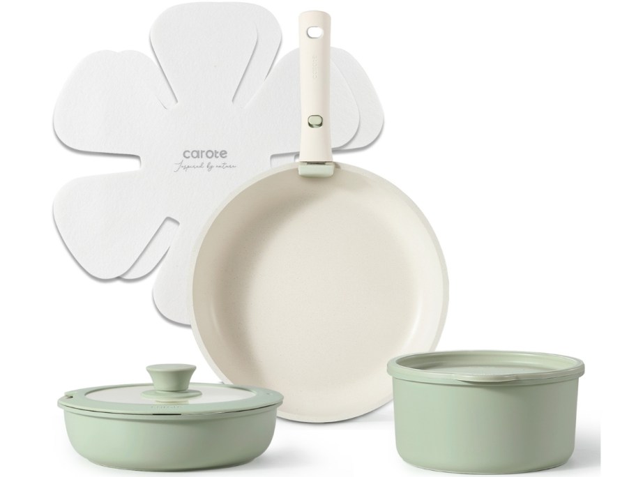 mint green and white non stick cookware set