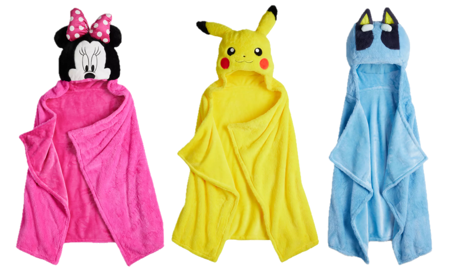 minnie mouse, pikachu, and bluey hooded blankets