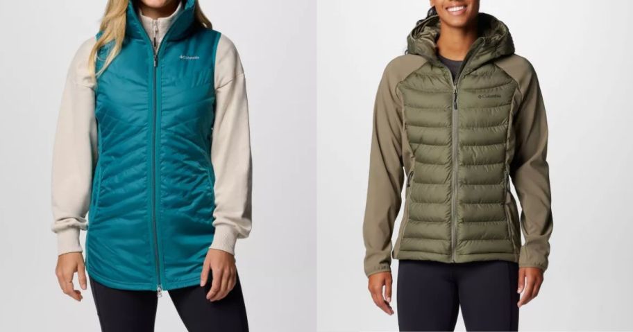 a woman and a man wearing a columbia vest in green and a green columbia jacket