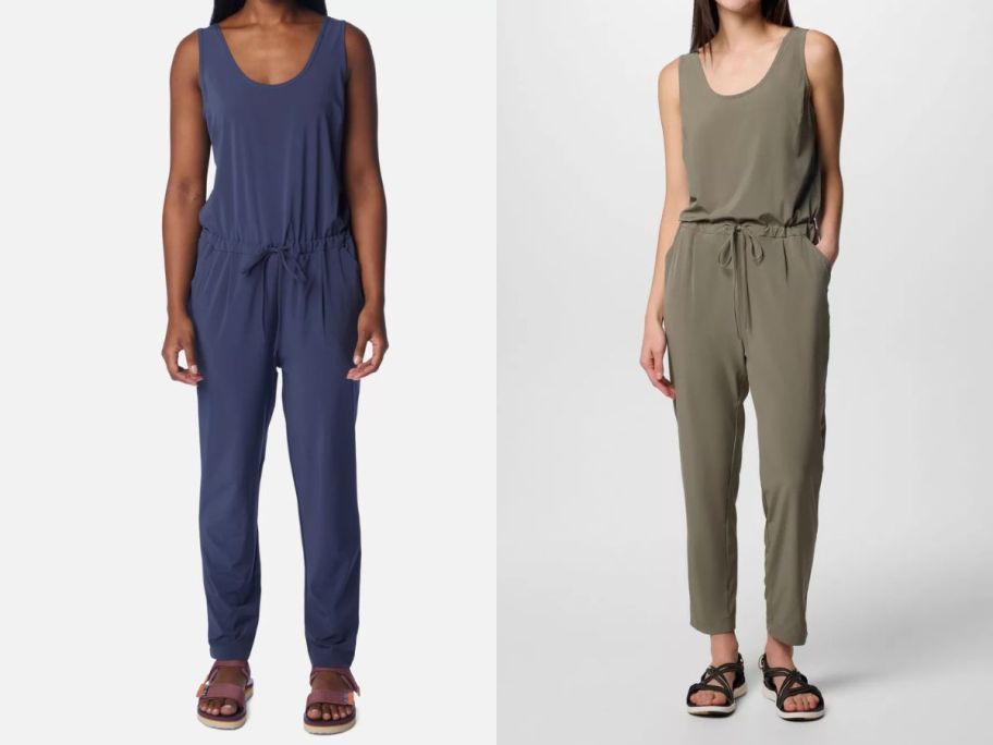 two women wearing Columbia Women's Anytime Tank Jumpsuits in blue and green