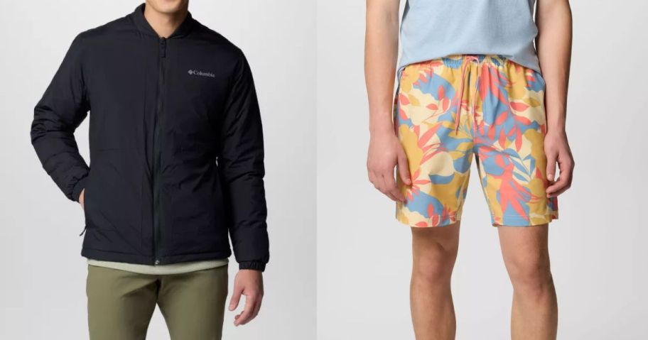 two men wearing a black columbia jacket and printed columbia shorts