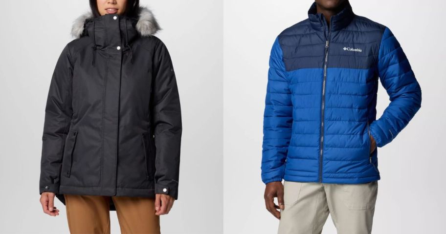 a woman and a man wearing a black columbia jacket and a blue columbia jacket