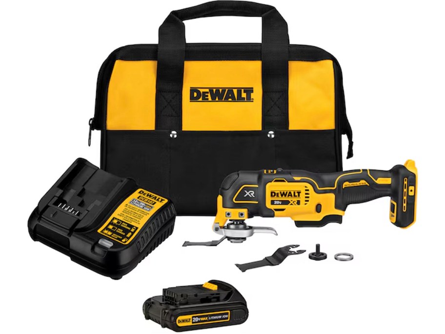 yellow and black dewalt oscilatting tool, bag, battery, and charger