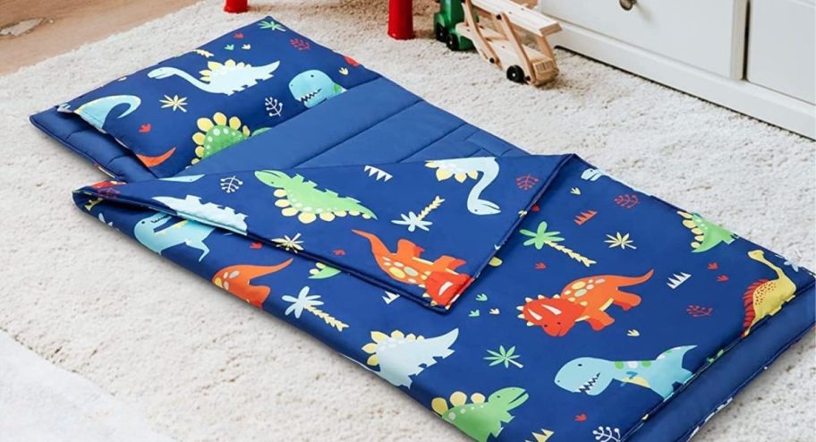 Dinosaur nap mat displayed on the floor on top of a carpet