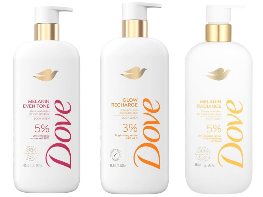 three bottles of Dove Exfoliating Body Washes