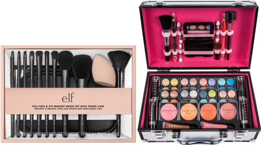 makeup brush set and makeup case filled with various cosmetics
