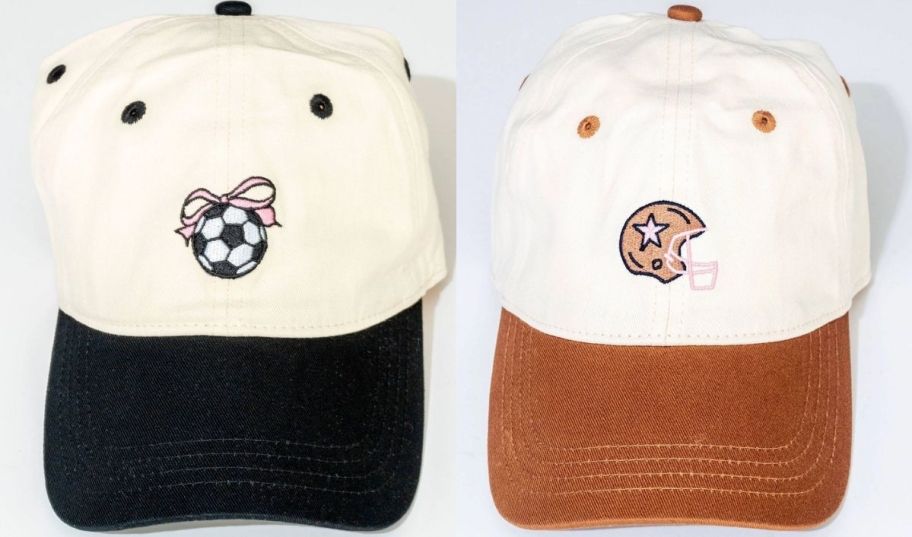 2 baseball caps with a soccer ball and football helmet embroidered on them