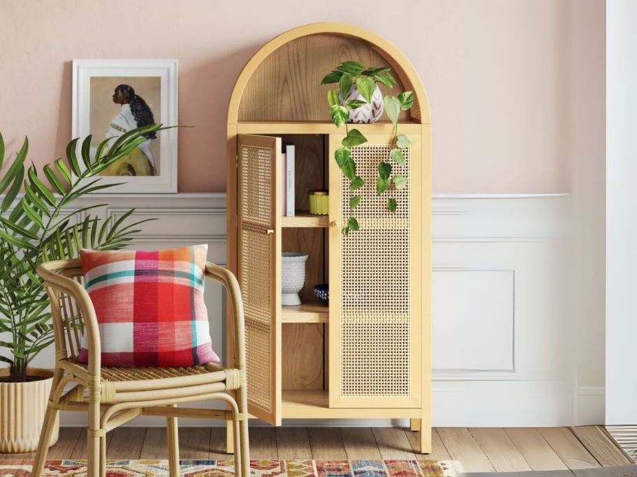 light brown Threshold Woven Arched Wood Cabinet in living room