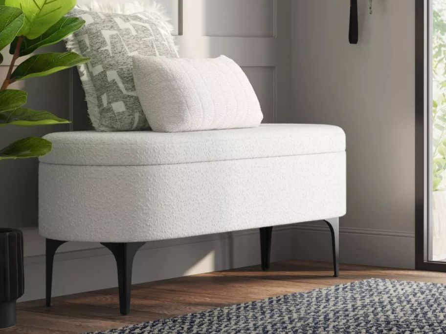 white Threshold Storage Bench in entryway