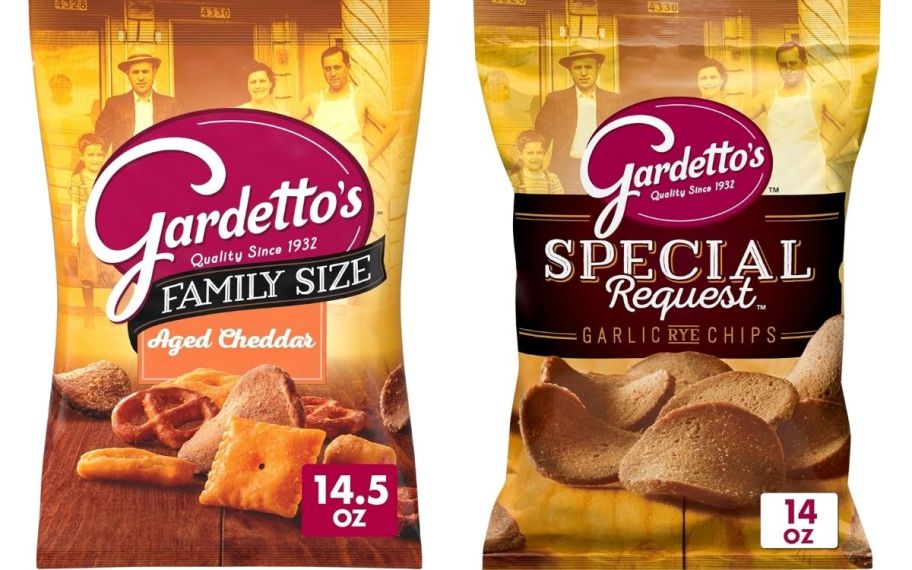 a bag of gardettos cheddar snack mix and a bag of garlic rye ships