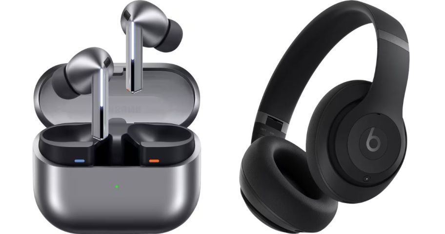 silver samsung ear buds and black beats headphones