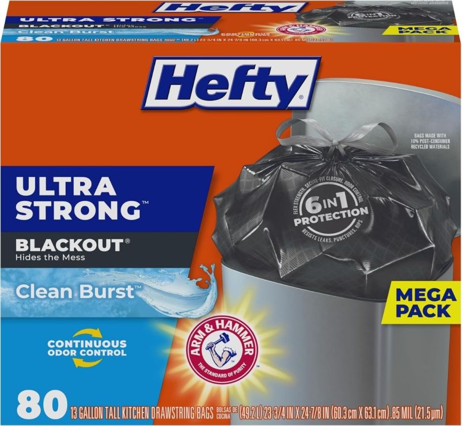 an 80 count box of black 13 gallon trash bags in clean burst scent