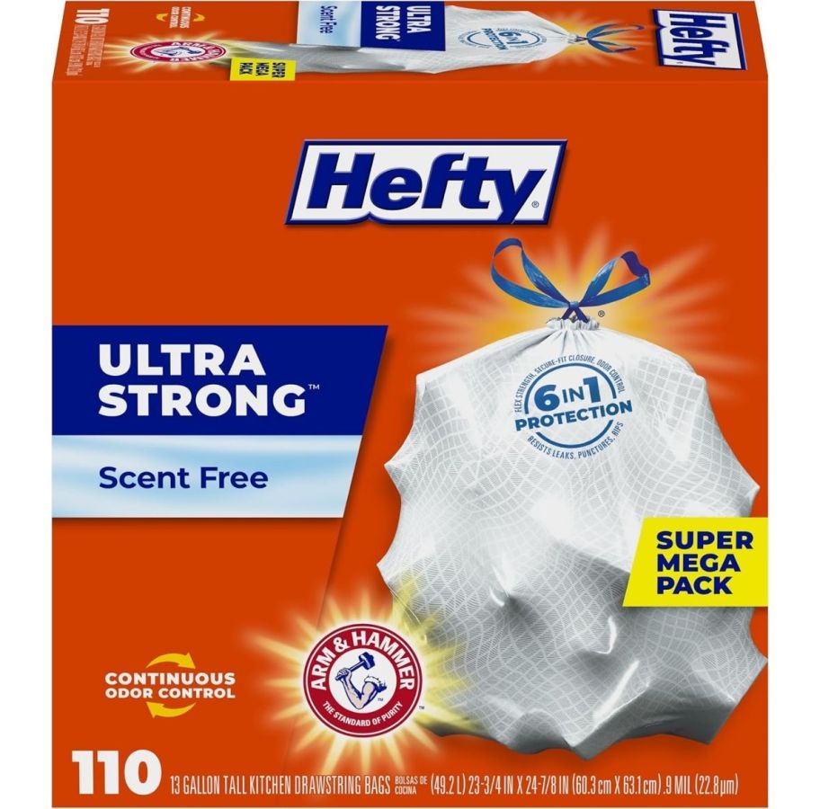 110 count box of unscented 13 gallon trash bags