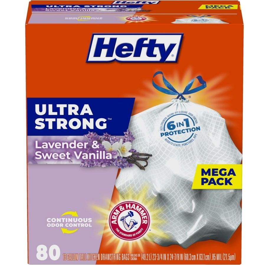 80 count box of lavender and vanilla scented 13 gallon trash bags
