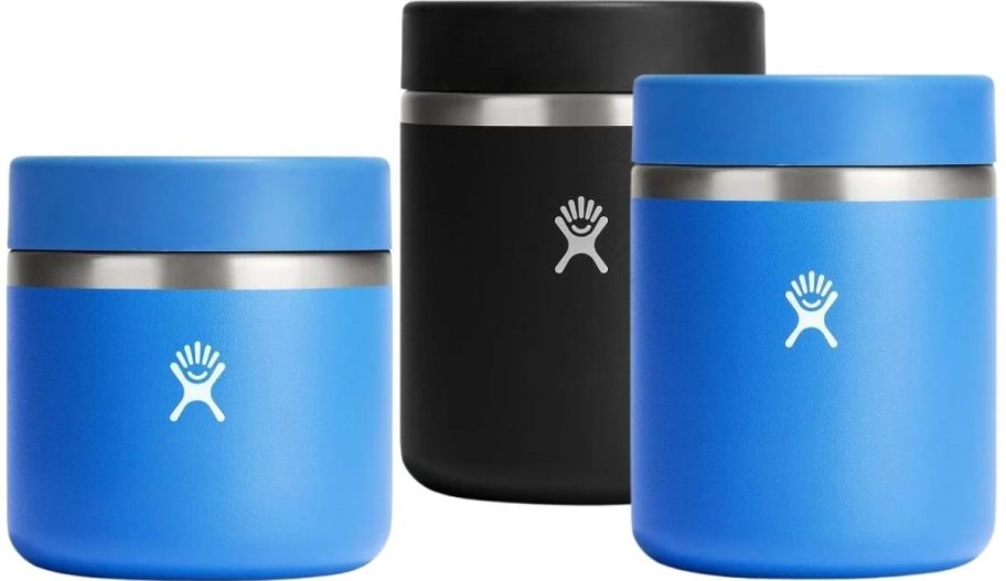 a blue 20oz insulated food jar shown with 28oz black and blue jars 