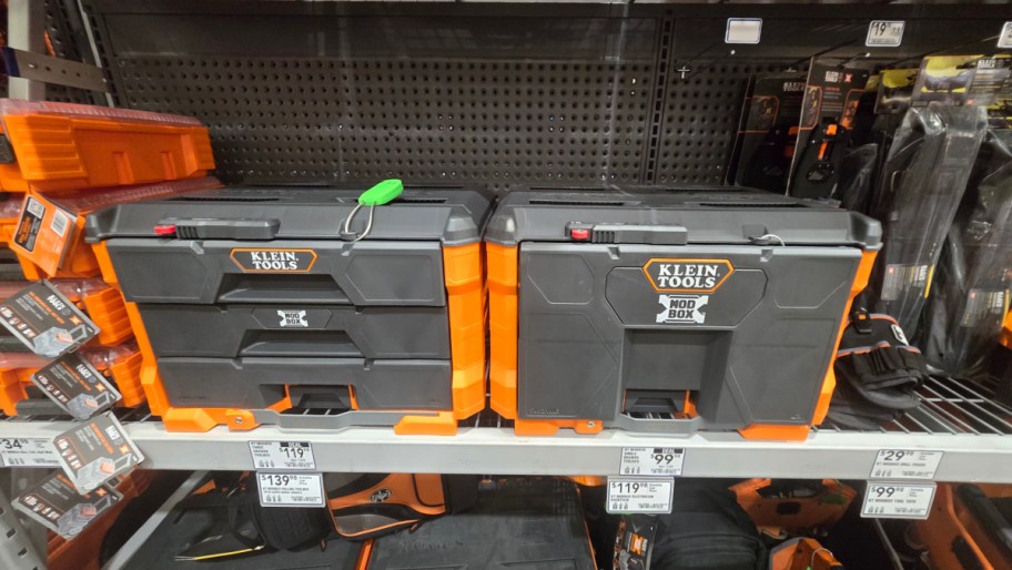 klein toolboxes on a store shelf