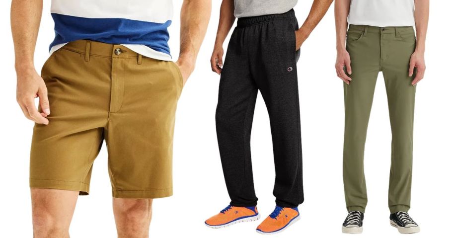 three men wearing brown shorts, black pants, and green pants
