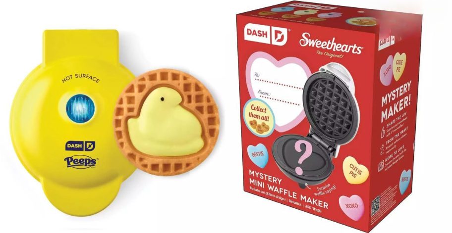 a yellow dash peeps and a sweethearts waffle maker