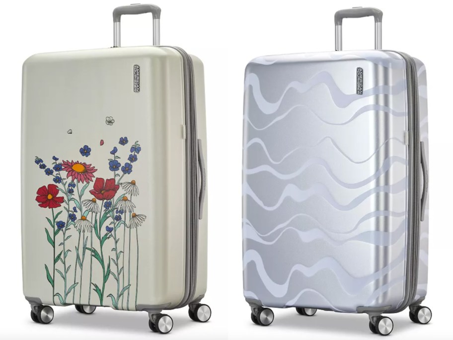 white floral and silver wave luggages 