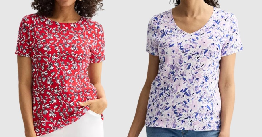 2 women wearing floral tees and pants