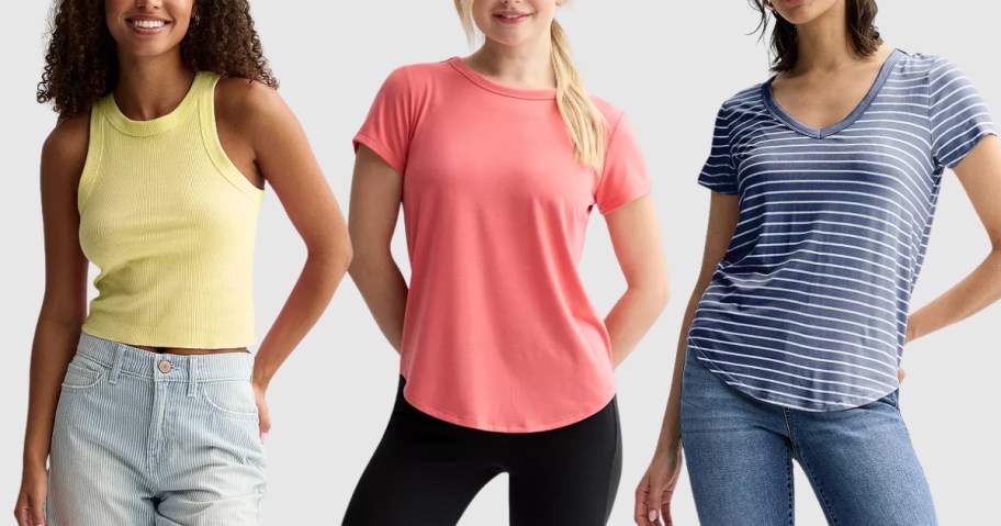 women wearing different color tanks and tees with shorts and pants