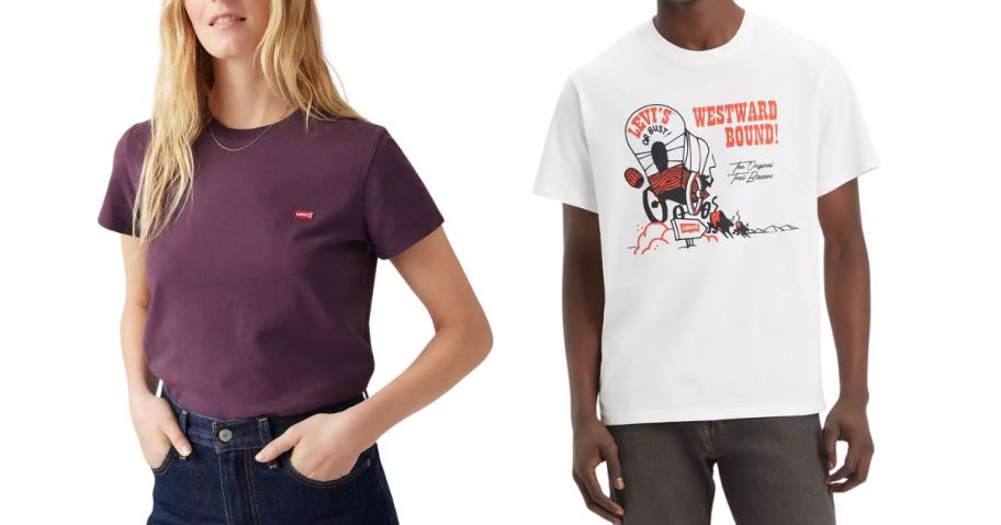 woman wearing purple levis logo tee and man wearing white levis grahic tee