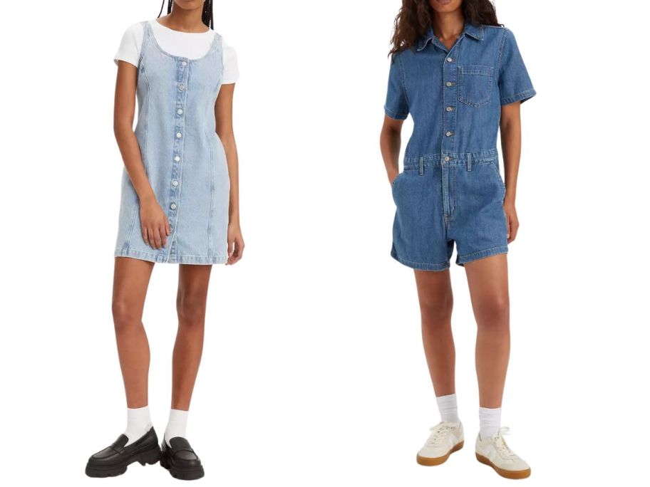 woman wearing levis denim dress and woman wearing levis denim romper