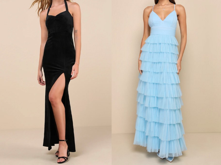 two women wearing black and blue dresses 