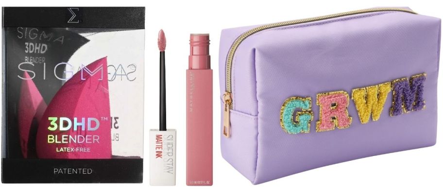 make up sponge, liquid lipstick and makeup bag