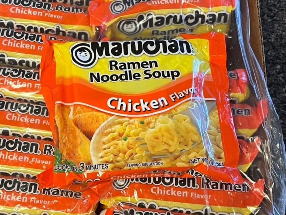 Maruchan Ramen chicken Instant Noodle Packs in box on counter