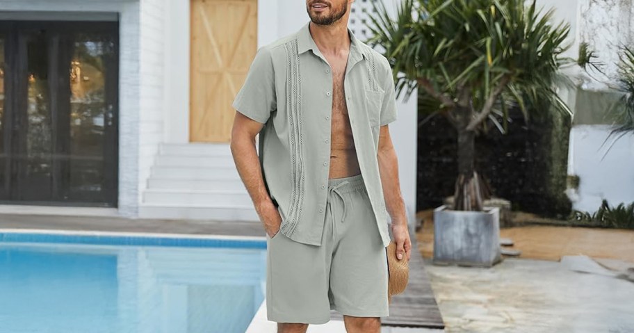 man wearing linen outfit outside