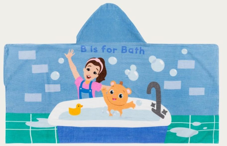 ms rachel kids hooded towel with "B is for Bath" on the back