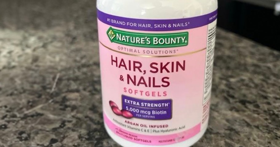 natures bounty hair, skin, nails bottle on counter