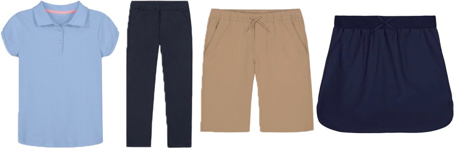 kids blue shirt, pants, tan shorts, and blue skirt 