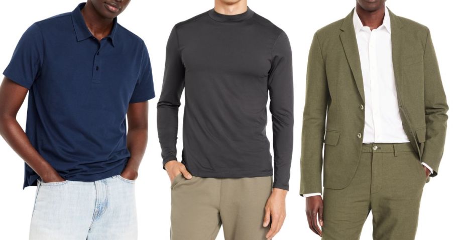 three men wearing an old navy polo, active top, and suit jacket