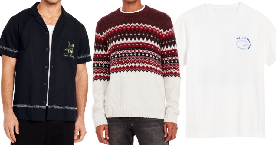 two men wearing an old navy button-down t-shirt, a striped sweater, and picture of a white old navy men's top