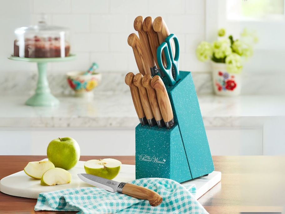 The Pioneer Woman 11-Piece Stainless Steel Knife Block Set on counter